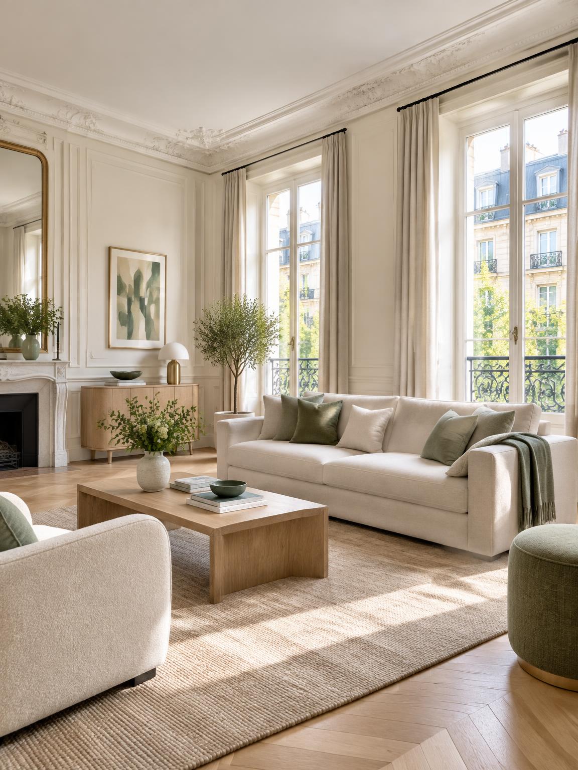 Salon lumineux d’un appartement français meublé avec parquet, moulures et grandes fenêtres